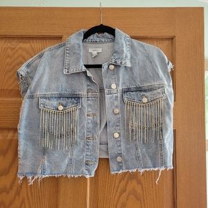 Rhinestone Cut Off Jean Jacket